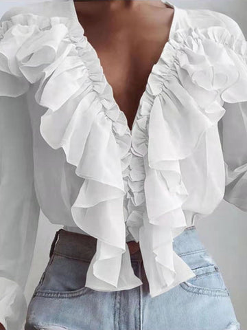 Airchics blouse à volantée mousseline plissé v-cou manches longues femme élégant